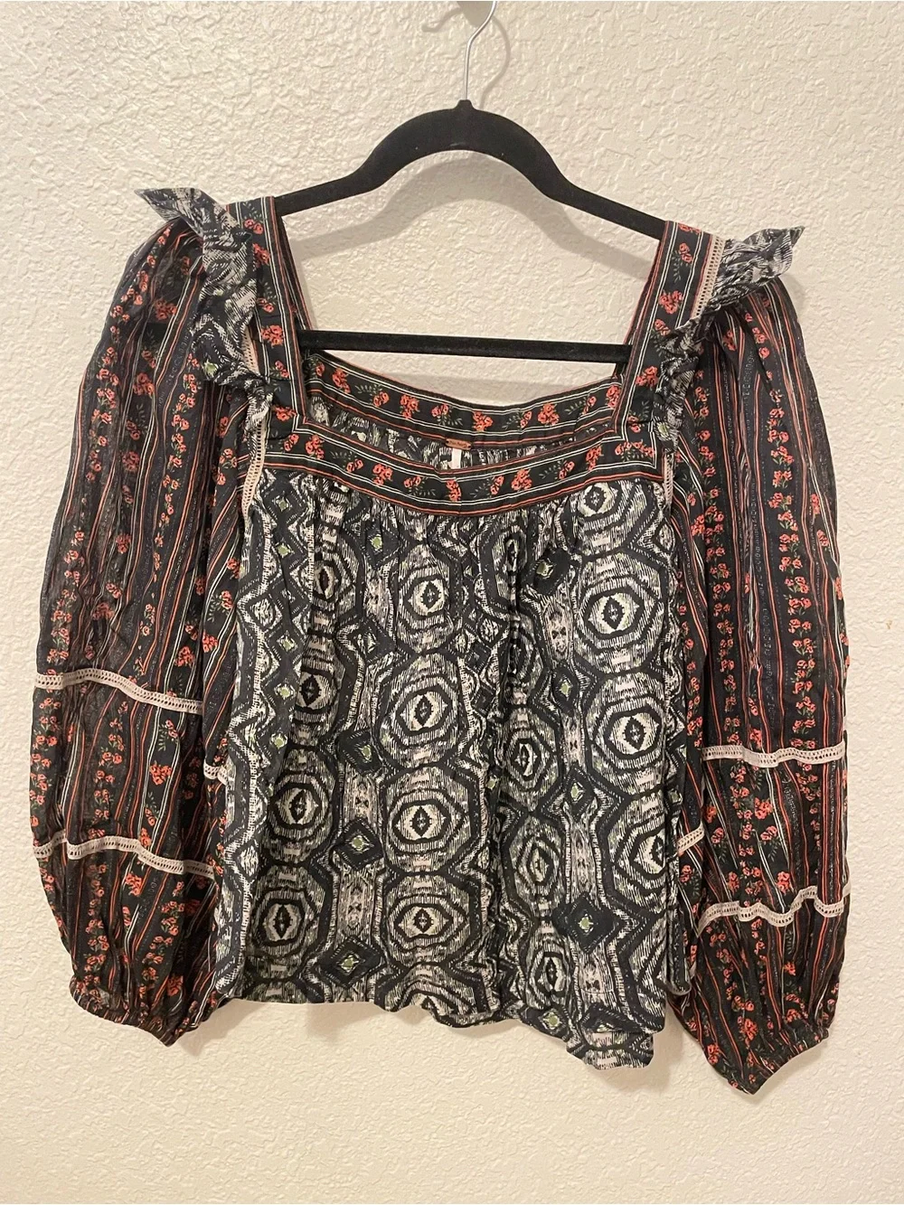Free People Black Floral & Geometric Square-Neck Blouse - Picture 4 of 5